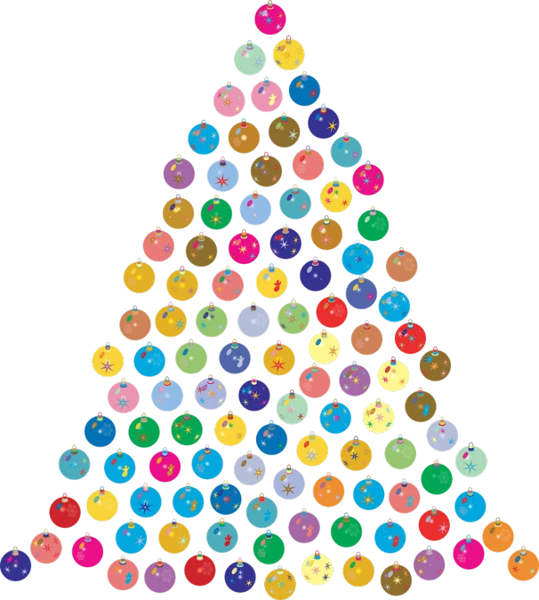 a multicolored christmas tree on a black background, an illustration of, inspired by Yaacov Agam, pointillism, vials, triangle inside circle, many floating spheres, ham