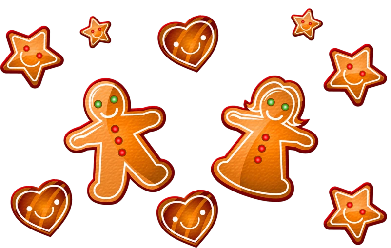 a group of ginger men standing next to each other, a digital rendering, gingerbread people, hearts, [[[[grinning evily]]]], petite girl