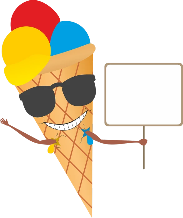 a cartoon ice cream cone holding a sign, a cartoon, pixabay contest winner, conceptual art, cool sunglasses, background(solid), thumb up, cmyk