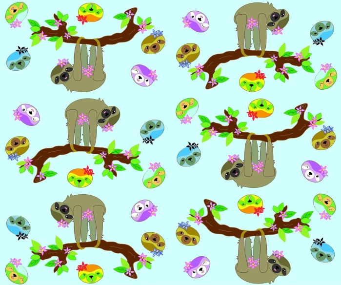 a group of sloths sitting on top of a tree branch, inspired by Masamitsu Ōta, deviantart contest winner, mingei, anime screenshot pattern, !!! very coherent!!! vector art, eye, satin