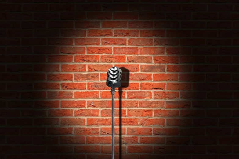 a microphone in front of a brick wall, shutterstock, 1 0 / 1 0 comedy, digitally painted, standup, background image
