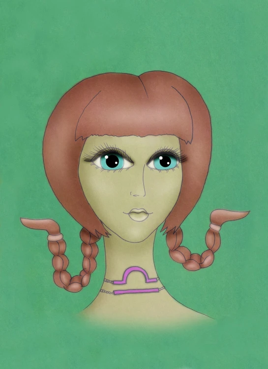 a drawing of a woman with pigtails on her head, a digital rendering, inspired by Daphne Fedarb, pop surrealism, zodiac libra sign, seventies era, an retro anime image, close up character