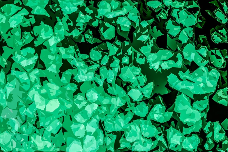 a bunch of green rocks sitting on top of a black ground, a digital painting, inspired by Luigi Kasimir, generative art, very large basil leaves, posterized color, 15081959 21121991 01012000 4k, polygonal fragments