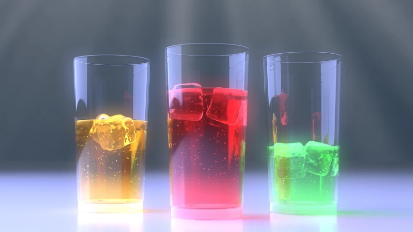 three glasses of liquid with ice cubes in them, a raytraced image, pexels, different colors, soda, 3 d render even lit, cg rendering