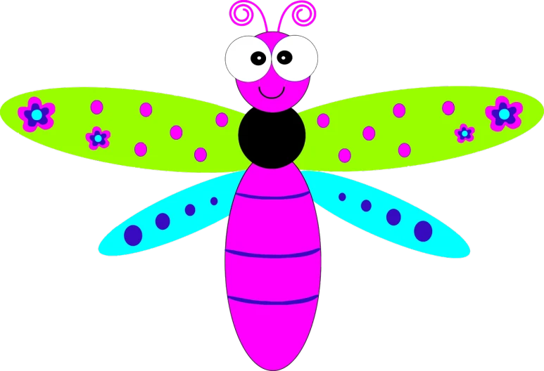 a cartoon dragonfly on a black background, a screenshot, in the colors hot pink and cyan, whimsical!!, link, kids