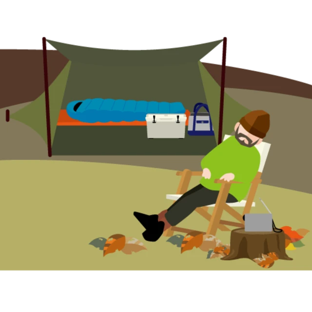 a man sitting in a chair in front of a tent, inspired by Emiliano Ponzi, polycount, process art, sleeping bag, clipart, fall season, animation still screencap