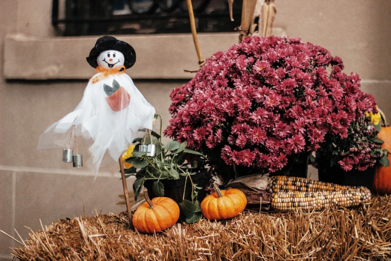 a bunch of flowers sitting on top of a hay bale, a cartoon, pexels, folk art, halloween ghost under a sheet, seasons!! : 🌸 ☀ 🍂 ❄, street life, a pilgrim