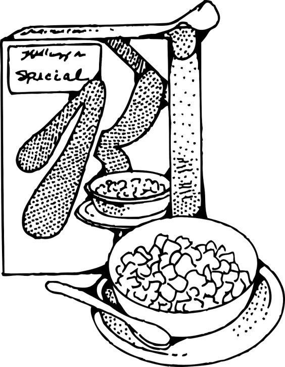 a black and white drawing of a bowl of cereal, inspired by Karel Klíč, pickles, nugget and sausage on plate, promo image, you're something special