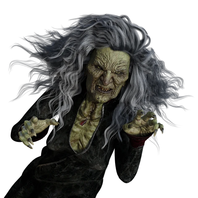 a close up of a person wearing a zombie costume, inspired by Samuel Hieronymus Grimm, digital art, old woman, dark sorceress fullbody pose, depicted as a 3 d render, beautiful witch with long hair