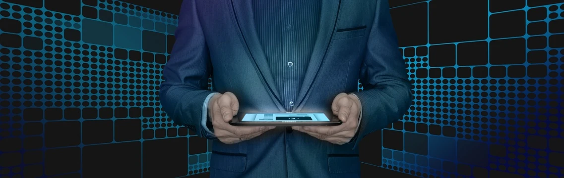 a man in a suit holding a tablet computer, a digital rendering, by Matija Jama, pixabay, intrecate details, realistic render, ad image, enhanced hands