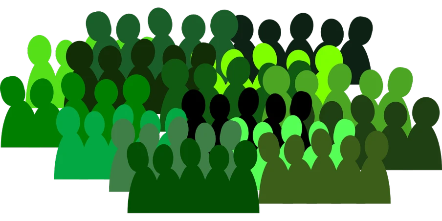 a group of people are silhouetted against a black background, a cartoon, trending on pixabay, shades of green, in rows, ethnic group, spectators