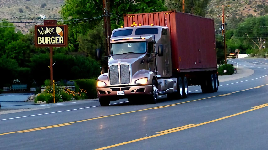 a semi truck driving down a curvy road, a portrait, by John Armleder, renaissance, detailed zoom photo, evening sun, n - 9, ballard