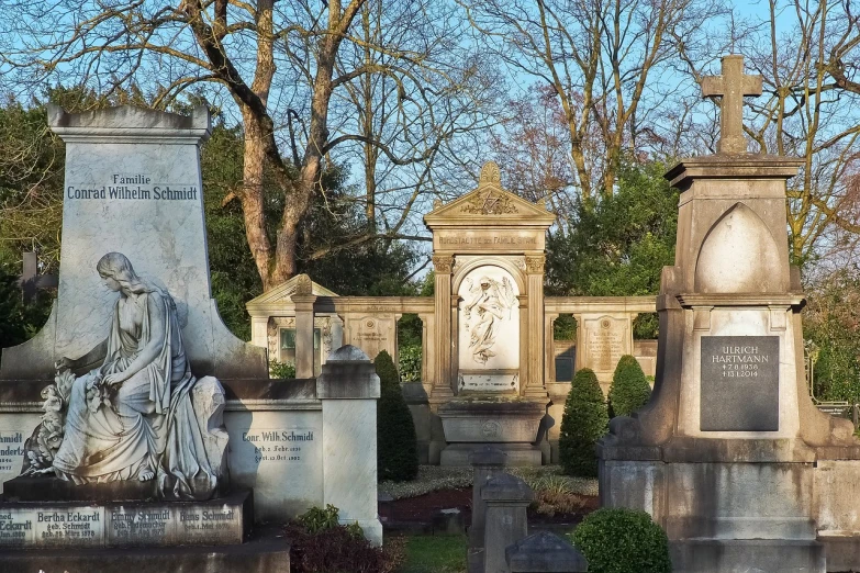 a group of tombstones in a cemetery with trees in the background, inspired by Georg Friedrich Schmidt, art nouveau, barnet, well-designed masterpiece, in 2 0 1 8, elaborate