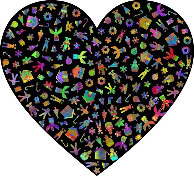 a heart shape filled with lots of different things, vector art, pixabay, computer art, shimmering and prismatic, black, toys, holiday season