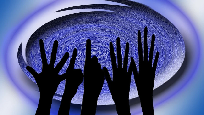 a group of people holding their hands up in the air, by Jon Coffelt, pixabay, conceptual art, hurricane, blues, ripples, tubes