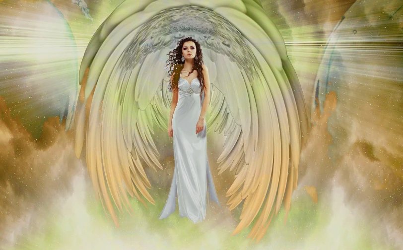 a woman in a white dress standing in a tunnel, an airbrush painting, by Marie Angel, pixabay contest winner, grand angel wings, 3 d cg, looking straight forward, full length view