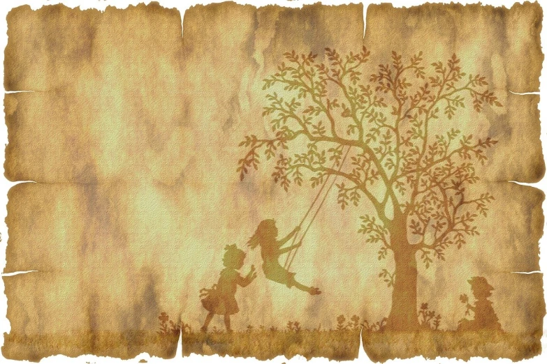 a child on a swing next to a tree, a storybook illustration, trending on pixabay, conceptual art, textured parchment background, panoramic view of girl, seventies era, message