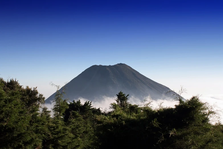 a mountain in the distance with trees in the foreground, a picture, by Gusukuma Seihō, flickr, sumatraism, mount doom, blue sky, (mist), extremely clear and coherent