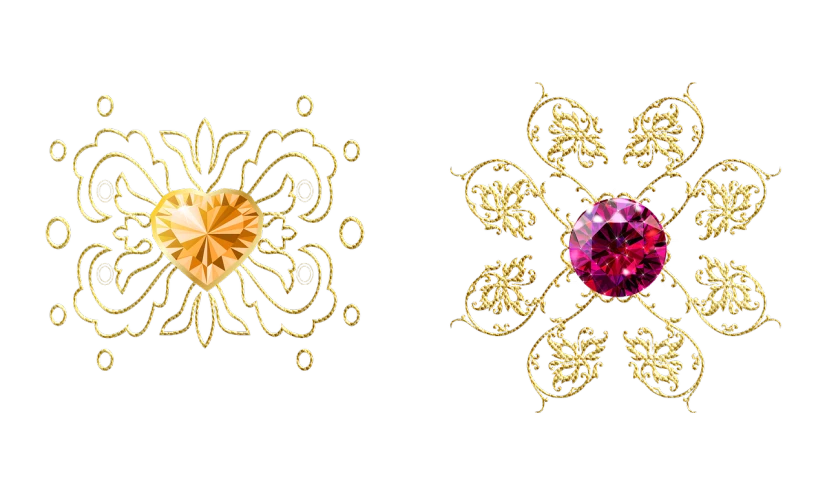 a close up of a pair of brooches on a black background, a digital rendering, deviantart, digital art, golden jewelry filigree, gems and diamond for fruit, hot pink and gold color scheme, super detail of each object