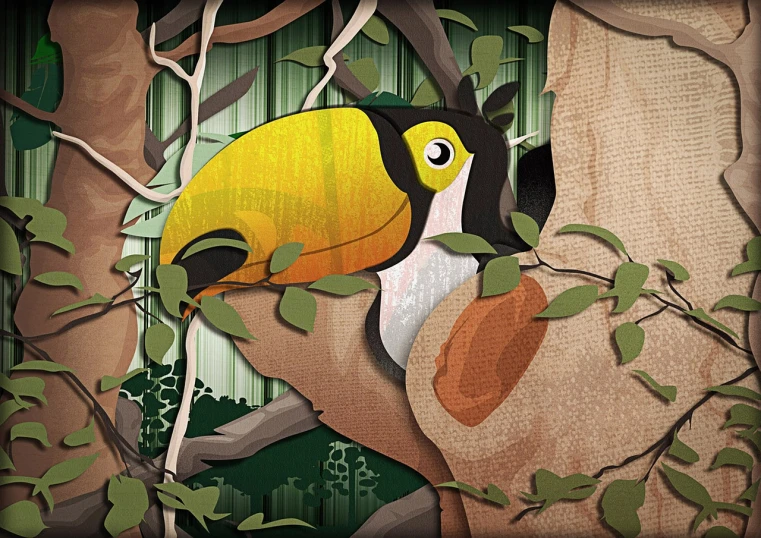 a painting of a toucan perched on a tree branch, an illustration of, layered paper art, at a forest. digital art, tamandua, with a yellow beak