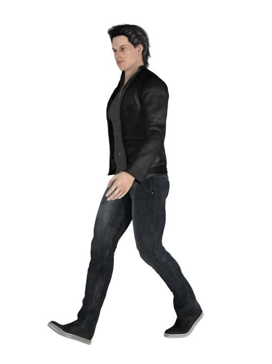 a man in a black jacket and jeans walking, a digital rendering, trending on polycount, she is dancing. realistic, tom cruise, lean man with light tan skin, with a black dark background