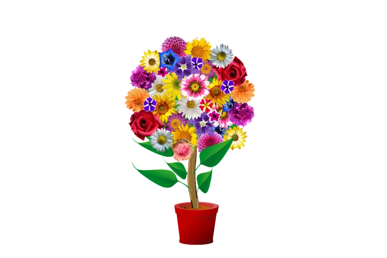 a flower pot filled with lots of colorful flowers, a raytraced image, by Kiyoshi Yamashita, romanticism, black!!!!! background, world tree, everyday plain object, full device