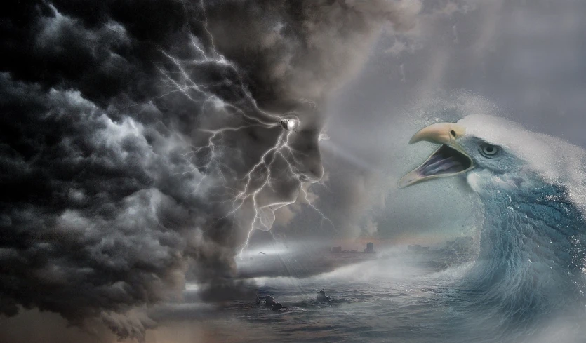a man riding a wave on top of a surfboard, inspired by Johfra Bosschart, tumblr, surrealism, explosive storm, dolphins, photo manipulation, storm egyptian god
