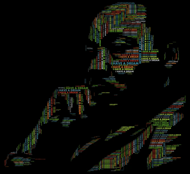 a man holding a cell phone up to his ear, a digital rendering, by artist, ascii art, martin luther king, detailed string text, multicolored vector art, stunning screenshot