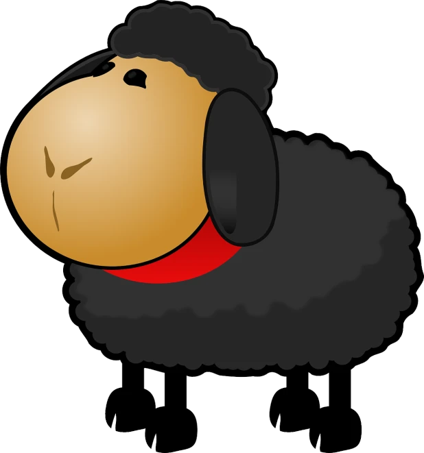 a cartoon black sheep with a red collar, an illustration of, mingei, fluffy ears and a long, けもの, cute animal, short neck