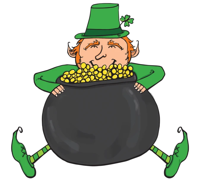 a st patrick's day leprezi pot of gold, by Joe Bowler, he is wearing a black, drawn with photoshop, big belly, oversized_hindquarters