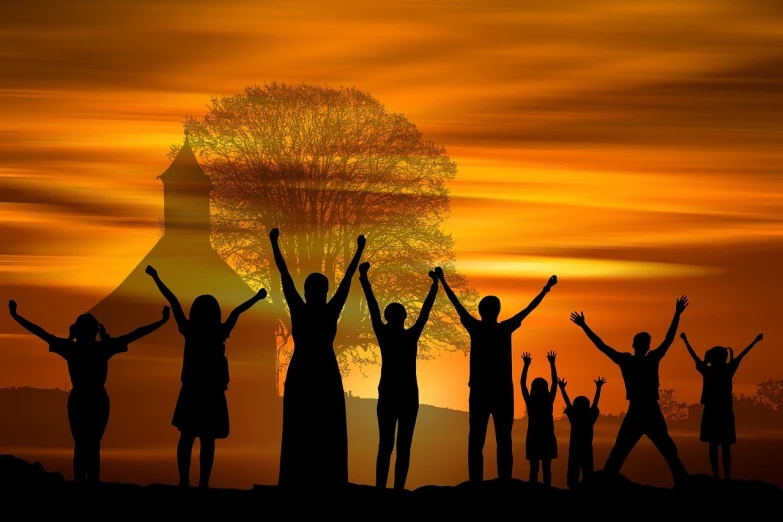 a group of people standing in front of a tree, a picture, trending on pixabay, figuration libre, church background!, golden dawn, happy family, digital art - w 640