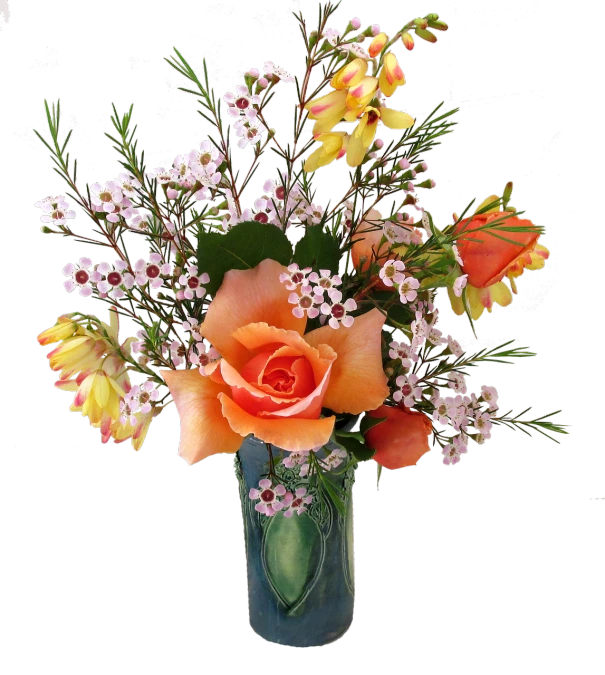 a vase filled with orange roses and baby's breath, a digital rendering, inspired by François Boquet, lilies and daffodils, albuquerque, mix of aesthetics, p90