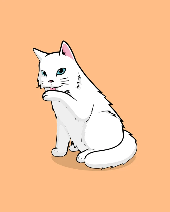 a drawing of a white cat with blue eyes, vector art, furry art, sitting pose, ready to eat, an angry expression, clean lineart and flat color