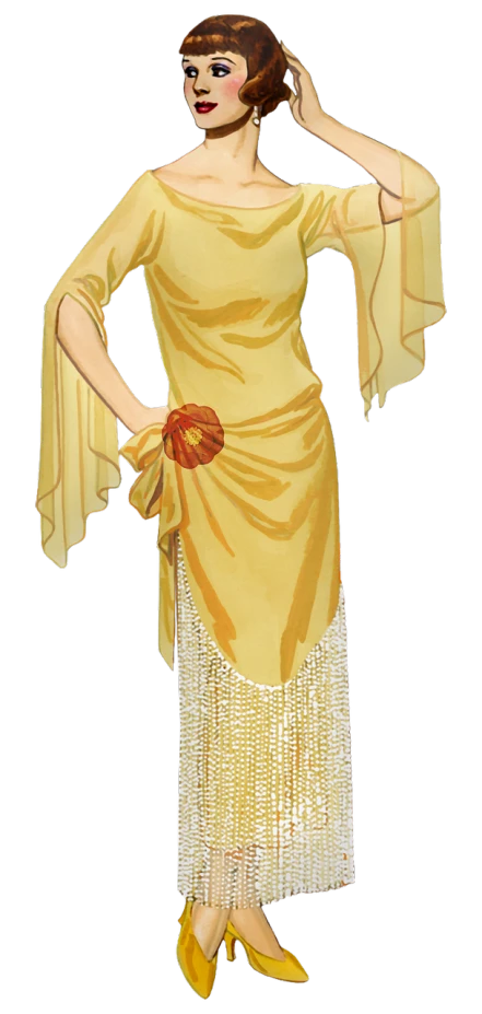 a woman in a yellow dress and yellow shoes, inspired by Coles Phillips, flickr, art nouveau, draped in silky gold, digital rendering, jeweled costume, full - view