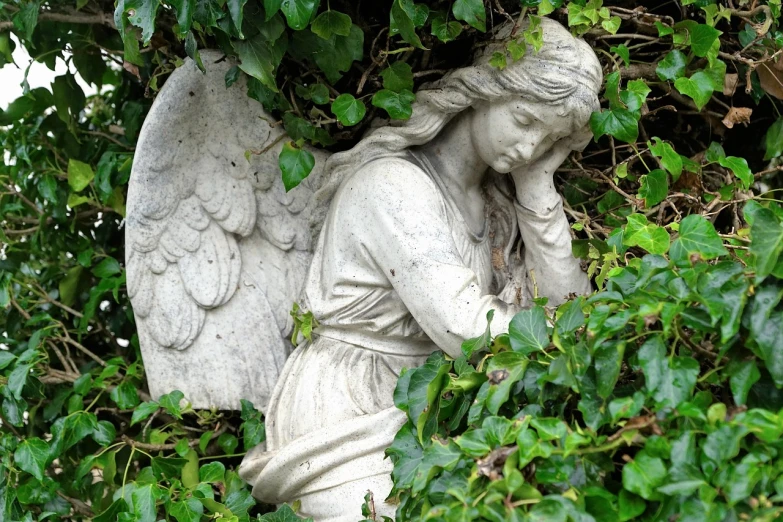 a statue of an angel in a garden, inspired by Edward Robert Hughes, pixabay, heartbroken, amongst foliage, resting after a hard mission, photo taken in 2 0 2 0