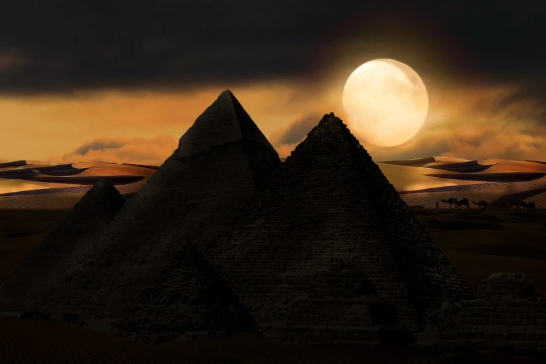 three pyramids in a desert with a full moon in the background, pixabay contest winner, ancient megastructure pyramid, two pure moons, egyptian warrior, trending photo