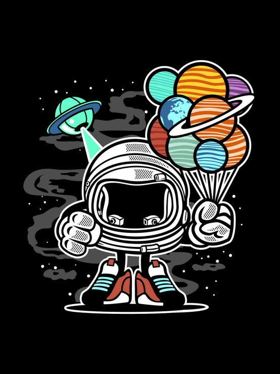 an astronaut holding a bunch of balloons, vector art, space art, t shirt design, aztec astronaut, rich contrast, a beautiful artwork illustration
