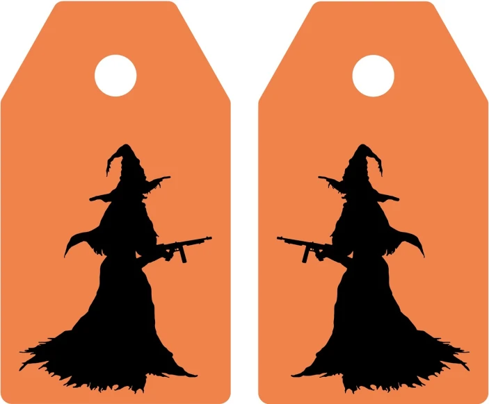 a pair of tags with a silhouette of a witch, full color, full front view, orange, guard