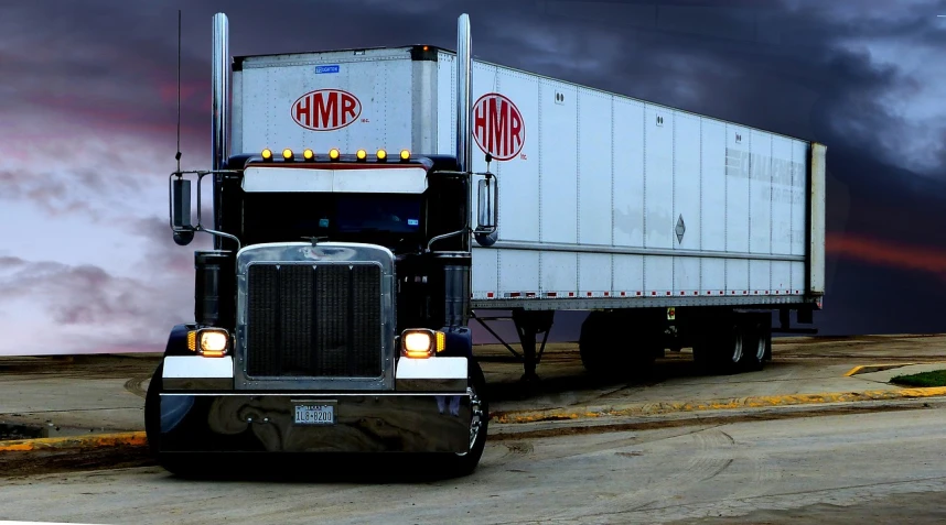 a semi truck driving down a road under a cloudy sky, flickr, photorealism, herbet james draper, half moon, 8khdr, refrigerated storage facility