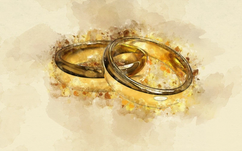 a couple of wedding rings sitting on top of a table, a digital rendering, inspired by Pieter de Ring, visual art, watercolor painting style, golden glow, watercolored, lord of the ring art