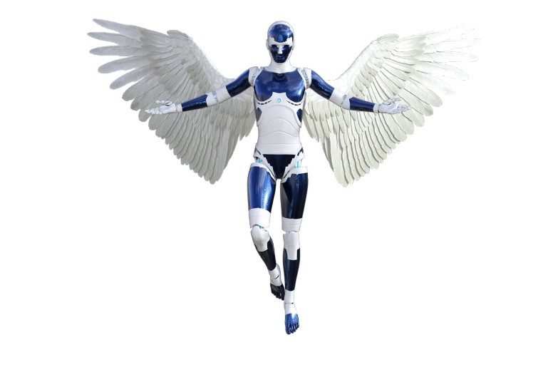 a woman with white wings on a black background, a digital rendering, male robotic anthro orca, superhero from the boys tv show, blue cyborg, high res photo