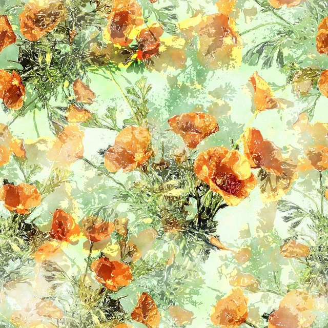 a bunch of orange flowers on a green background, a digital painting, panfuturism, seamless texture, floral clothes ”, poppies, realistic textures from photos