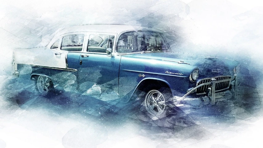 a watercolor painting of a blue classic car, an airbrush painting, pixabay contest winner, old photo style, cars and people, drifting, digital art - n 5