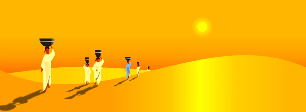 a group of people walking across a desert, by Saurabh Jethani, conceptual art, vector design, yellow walls, carrying a tray, high contrast illustration