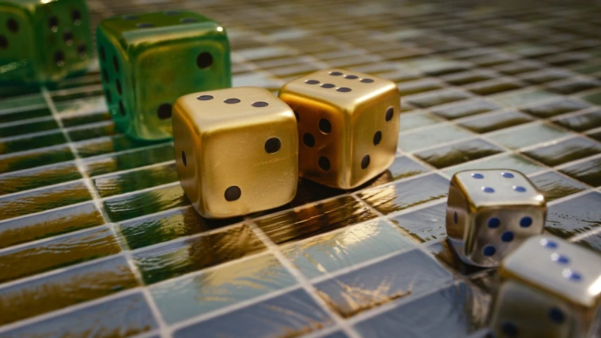 a couple of dice sitting on top of a tiled floor, a picture, by Jakob Gauermann, gold and green, metallic, golden, gaming table