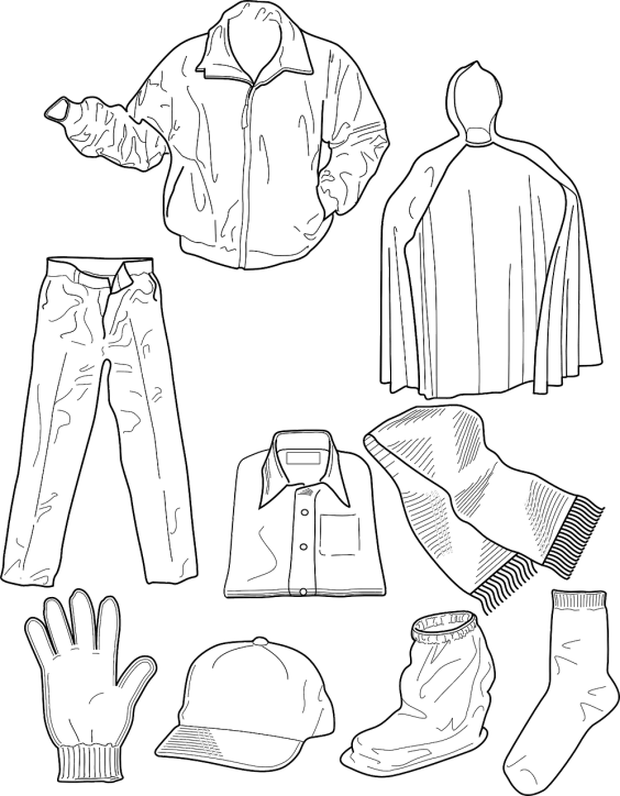 a black and white drawing of clothes and accessories, by Odhise Paskali, trending on pixabay, ascii art, complete darkness background, detailed clothes texture, jacket, full body;