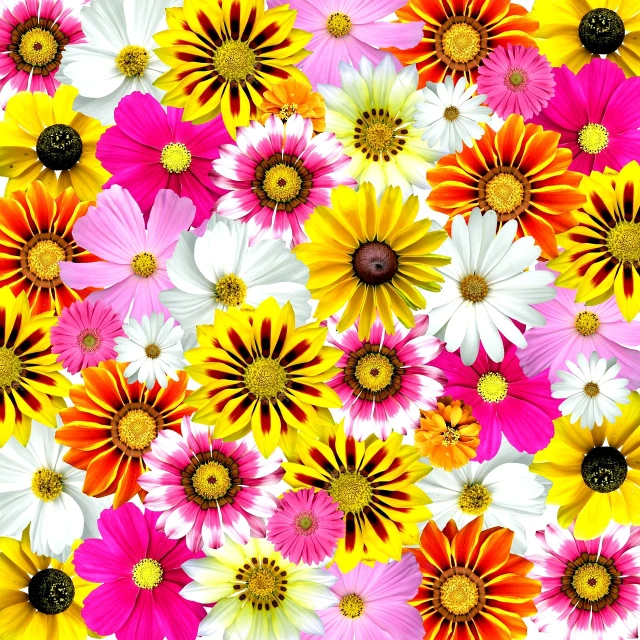 a close up of a bunch of flowers, shutterstock contest winner, seamless texture, daysies, multicolored vector art, cosmos