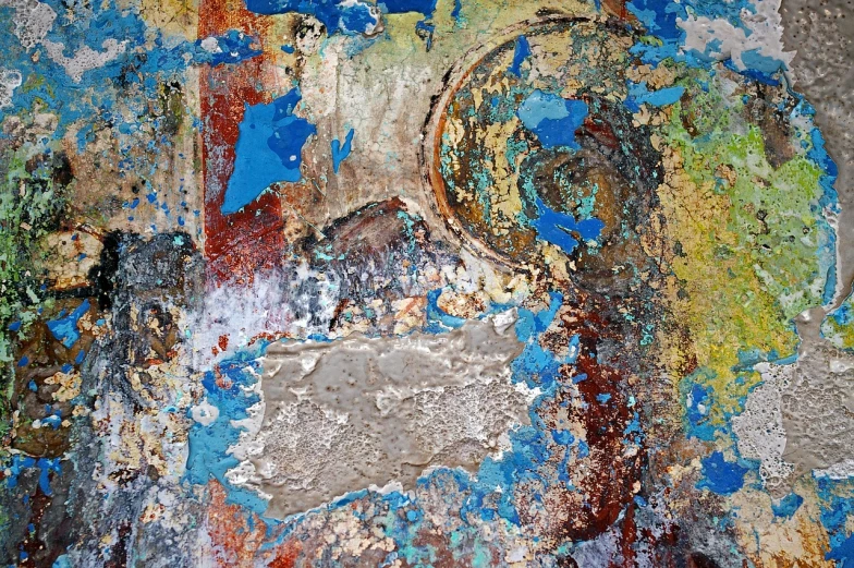 a close up of peeling paint on a wall, a detailed painting, inspired by William Congdon, flickr, earth tones and blues, grungy steel, collage art background, andrey gordeev