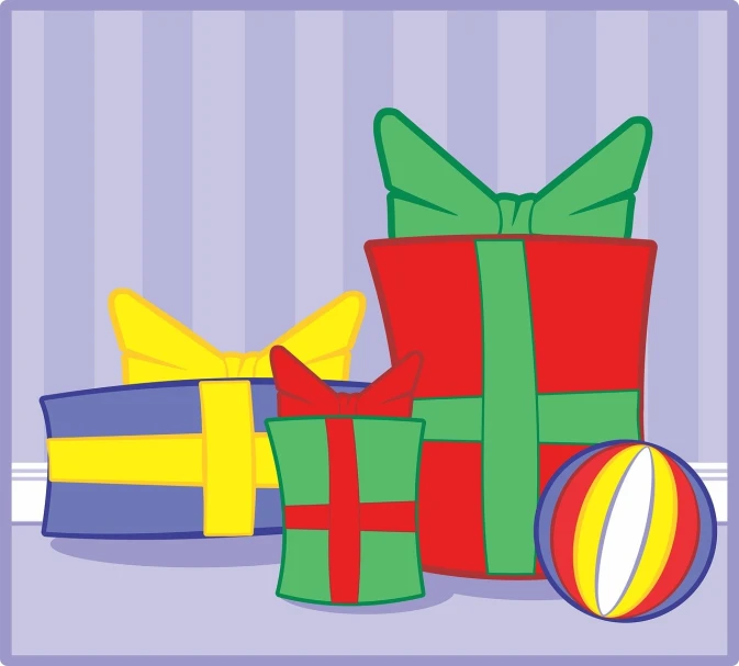 a pile of presents sitting next to a beach ball, an illustration of, !!! very coherent!!! vector art, bows, lavander and yellow color scheme, striped