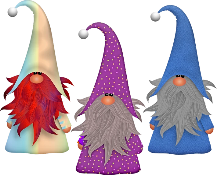 a group of three gnomes standing next to each other, inspired by Doug Ohlson, digital art, closeup!!!!!!, clipart, felt, sprays